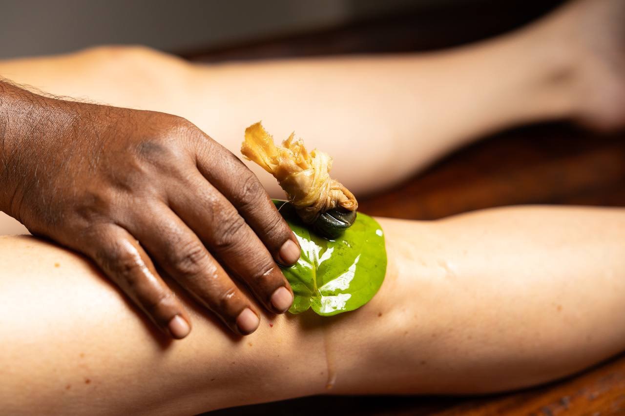 A warm herbal leaf poultice worked over the knee